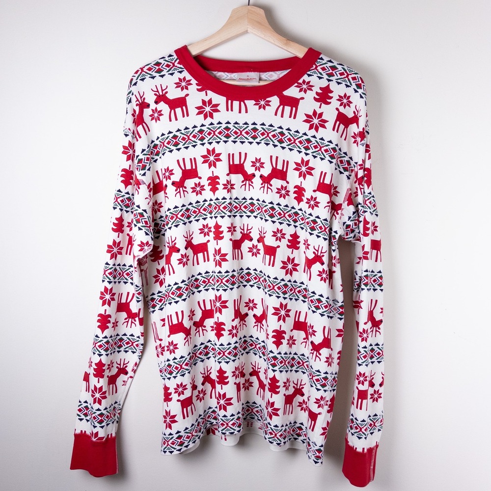 Hanna‎ Andersson Pajama Top Adult XL White Red Reindeer Fair Isle Organic Cotton